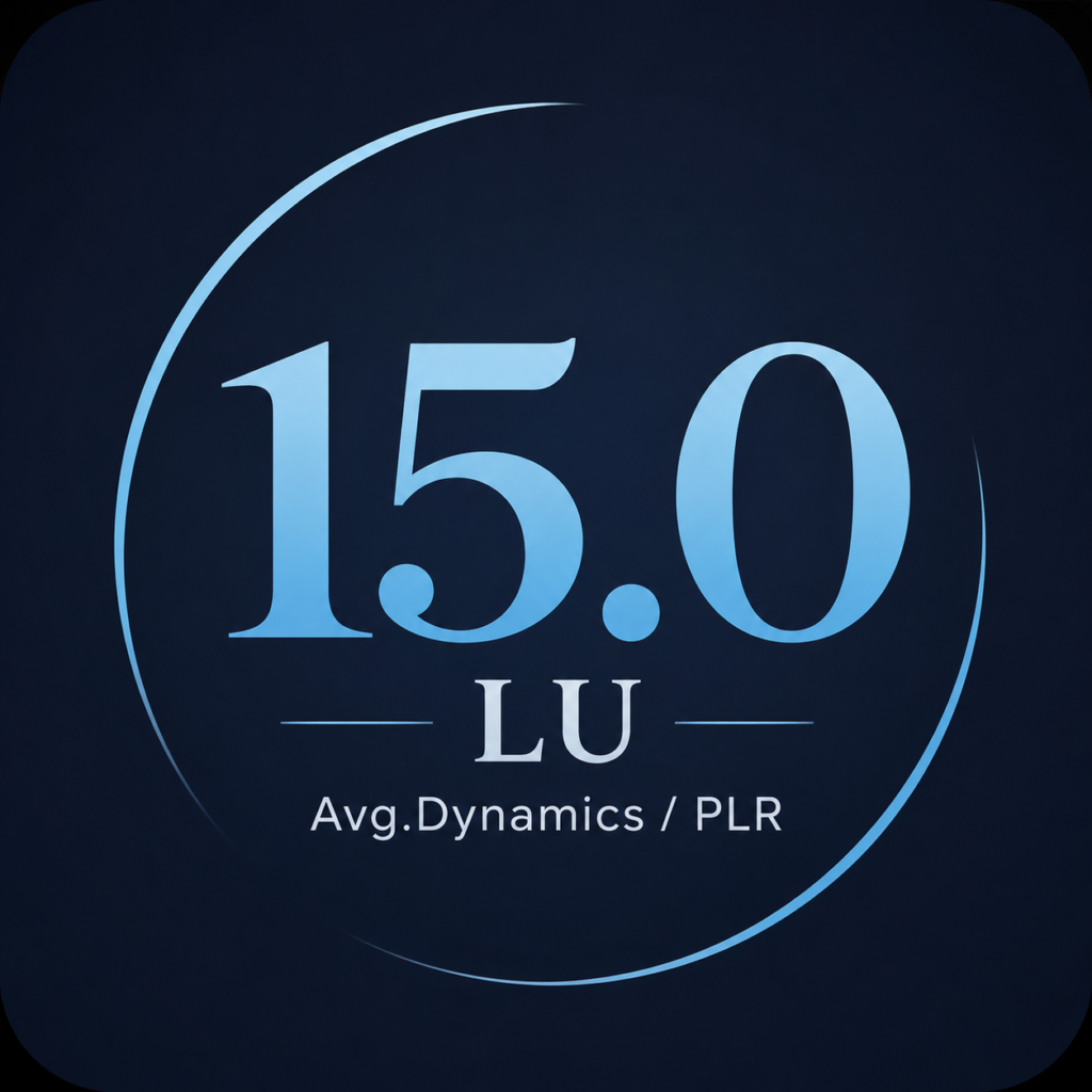 15.0 LUとAvg.Dynamics / PLRの文字を配置した、ネイビーとブルー基調のモダンな音響系ロゴ