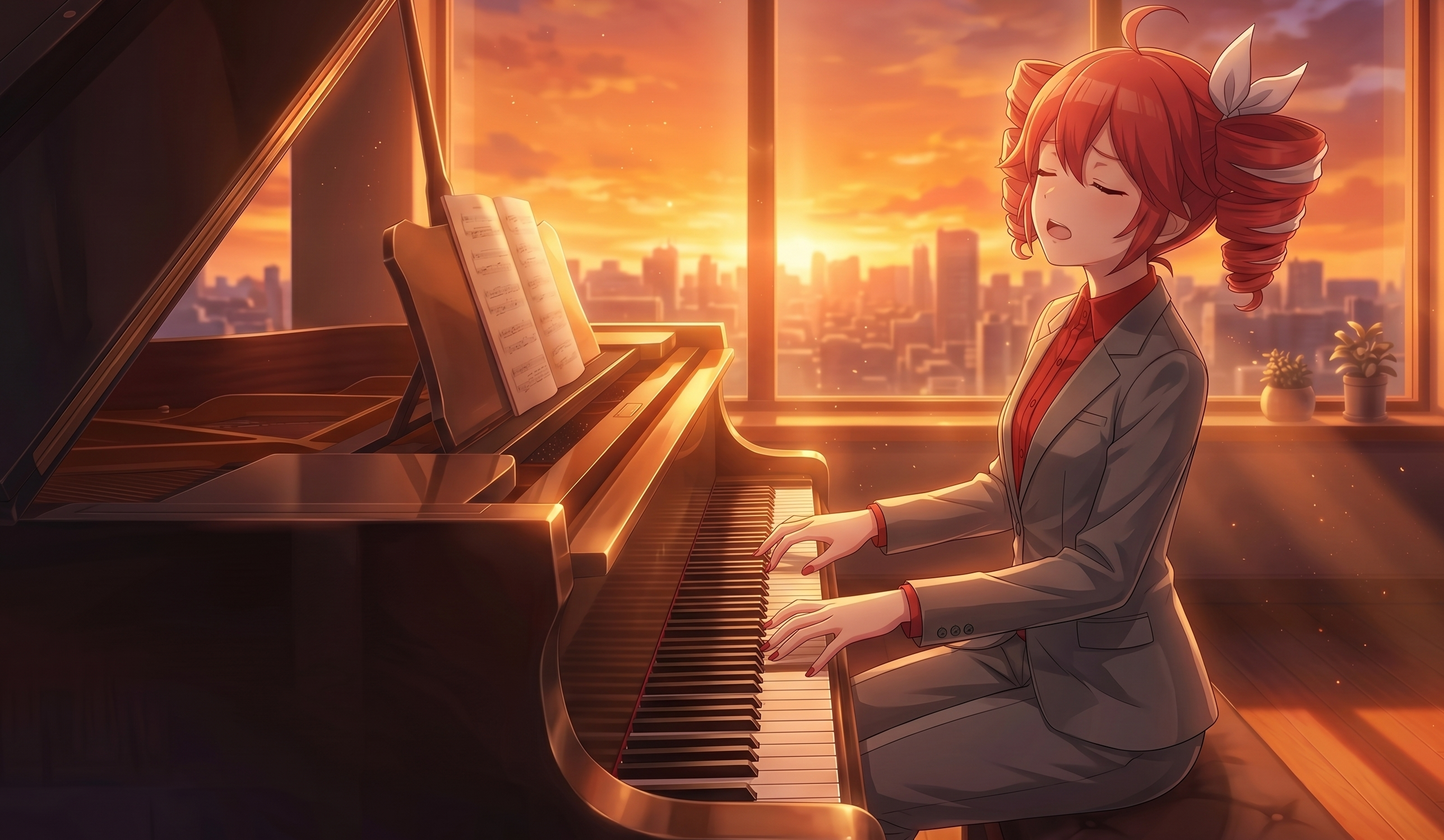 夕焼けの都会を背景に、重音テトがグランドピアノを演奏しながら歌うアニメイラスト。静かな夕景と柔らかな光の中で、『時代』の穏やかな空気感とピアノ弾き語りの世界観を表現したビジュアル。