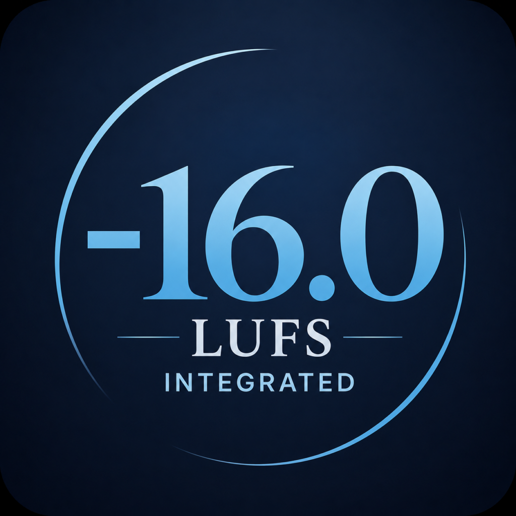 -16.0 LUFS INTEGRATEDの文字を配置した、ネイビーとブルー基調のモダンな音響解析ロゴ