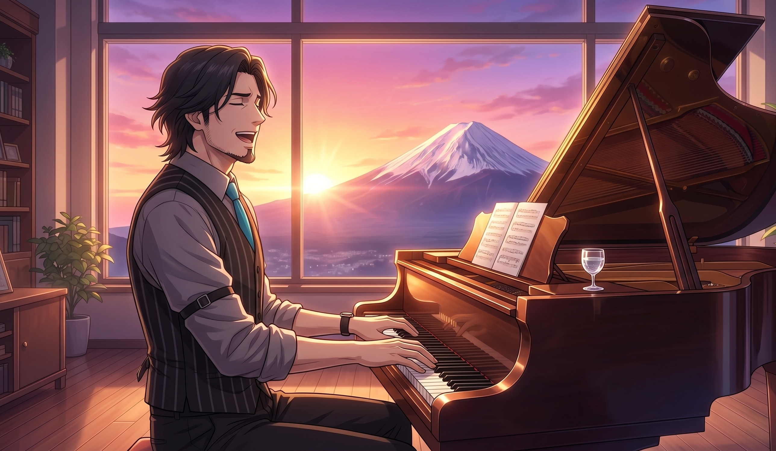 フリモメンが夕暮れの富士山を背景にグランドピアノを演奏しながら歌うアニメ風イラスト。「乾杯」Synthesizer V AIカバーのサムネイル画像。