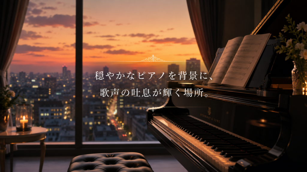 夕暮れの街並みを背景に、落ち着いた室内でグランドピアノが置かれたブログのヒーローイメージ