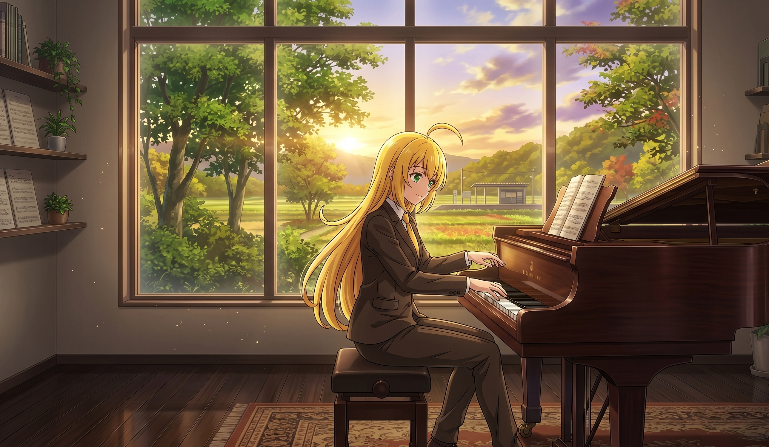 夕暮れの大きな窓辺でグランドピアノを弾く弦巻マキ。『secret base 〜君がくれたもの〜』のノスタルジックな世界を表現したイラスト。